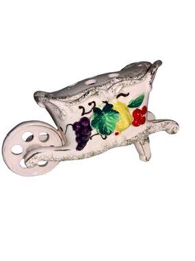 Ceramic Flower Frog Wheelbarrow Planter With Fruit Accents And Distressed Finish